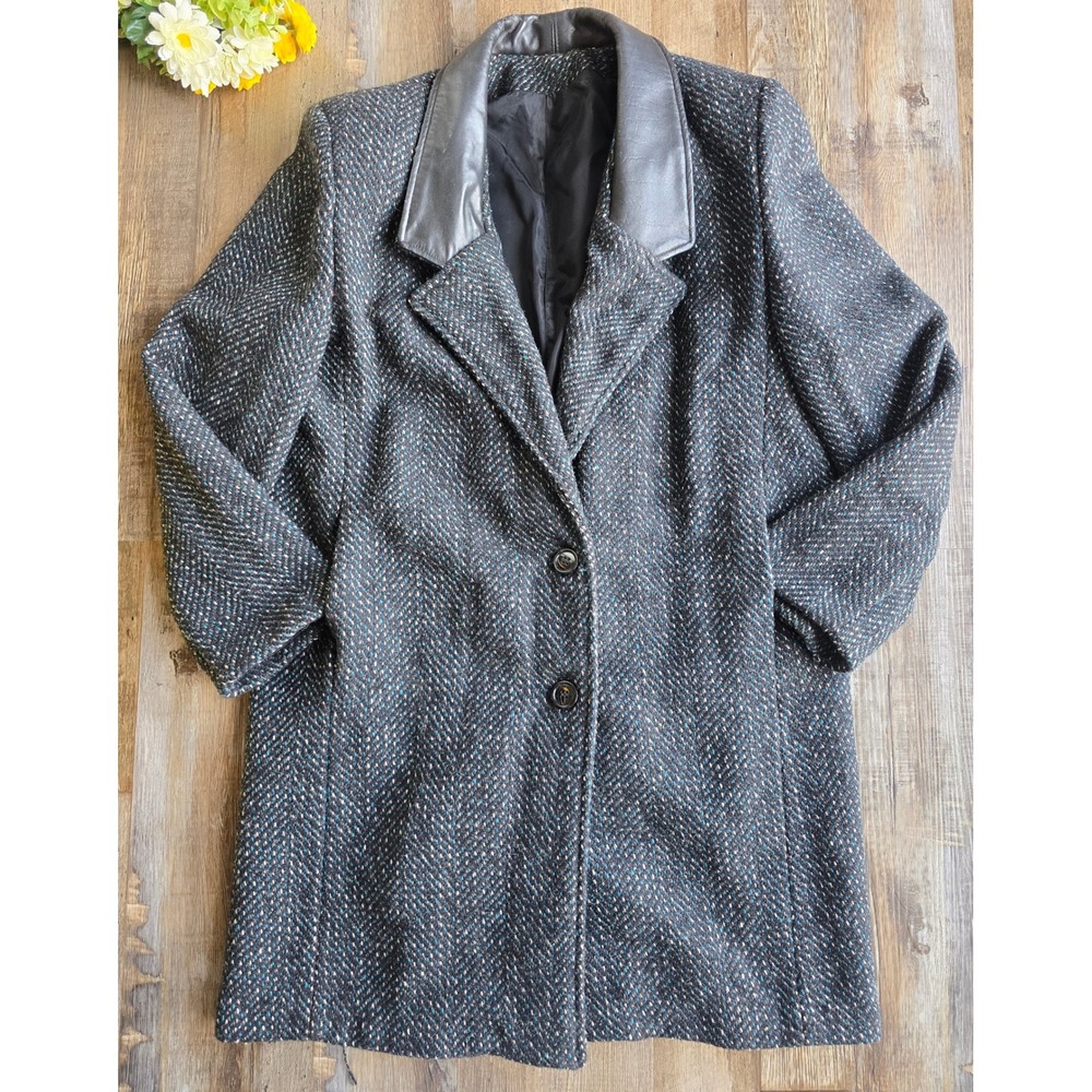 Vintage Havoc Blazer Jacket Genuine Leather Collar Gray Tweed‎ Coat Size 12 90s
